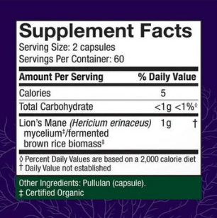 Host Defense Lion's Mane supplement facts label
